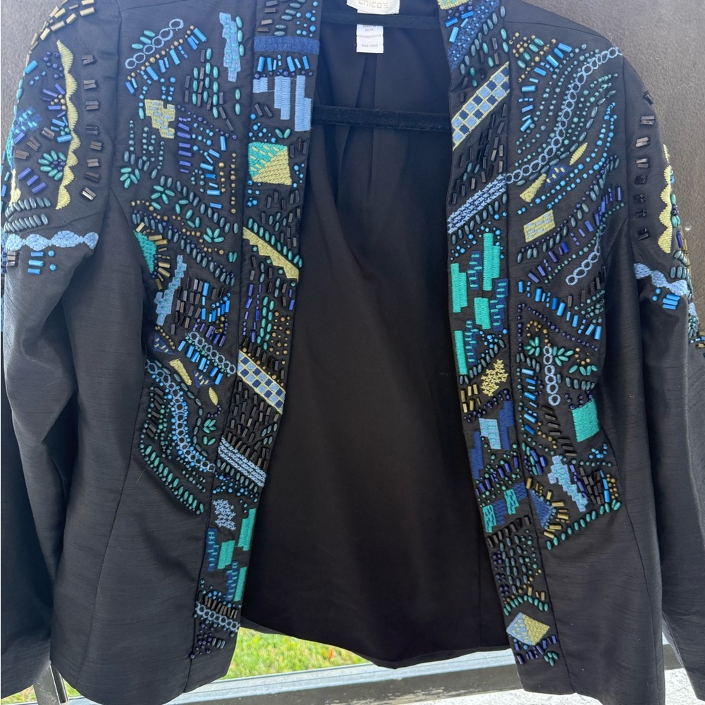 Chico's Black Jacket with Blue and Green Embellishments